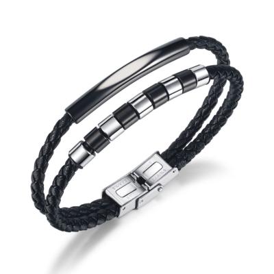 China New Design TRENDY Men's Fashion Jewelry Stainless Steel Black Double Layered Braided Leather Bracelet for sale