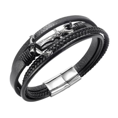 China Black Stainless Steel Multilayer Braided Leather Bracelet Factory Made High Quality Anchor Punk for sale