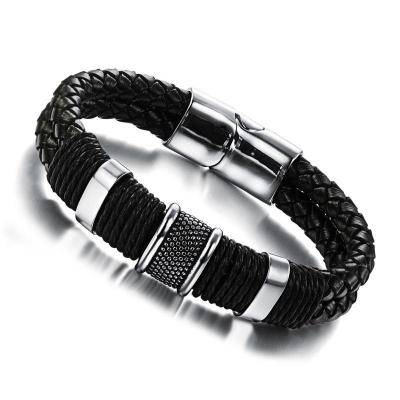 China Soft Weave Men's Jewelry Gift Men's Vintage Stainless Steel Magnet Clasp Magnet Clasp Leather Bracelet for sale