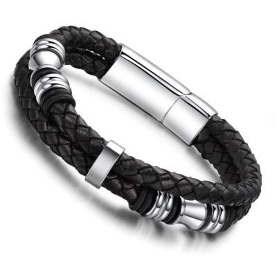 China Fashion Men's Simple Design Braided Leather Bracelet Magnet Punk Buckle Stainless Steel Gift Jewelry for sale