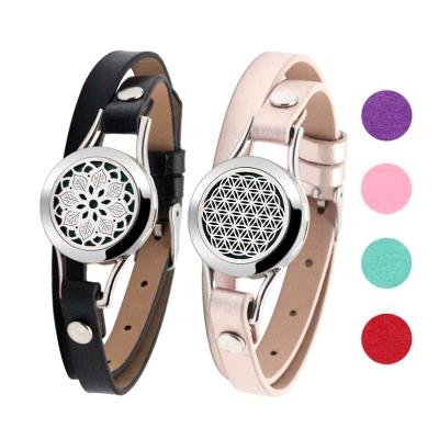 China Hot CLASSIC 316L Stainless Steel Aromatherapy Jewelry Pendant With Band Perfume Essential Oil Diffuser Leather Bracelet for sale