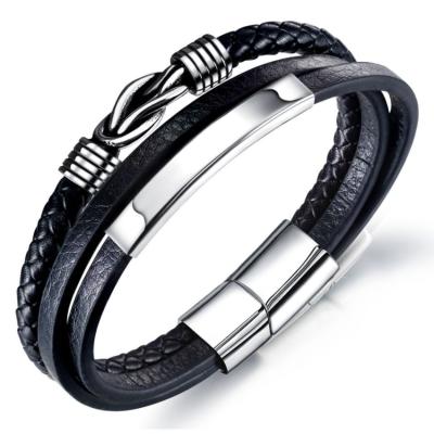 China Hot Selling Punk Style Jewelry Stainless Steel Multi Layered Braided Leather Bracelet For Men for sale