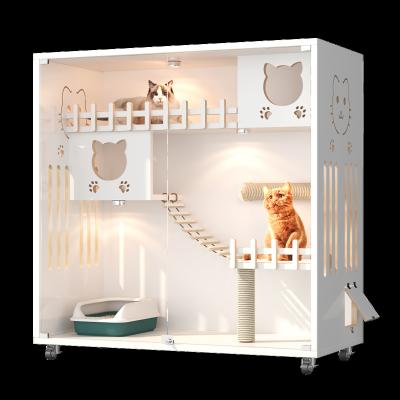 China Breathable Amazon Hot Selling Luxury Display Cat House Solid Wood Cat Villa Nest Bed Wooden Pet Cage Cat for sale