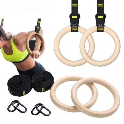 China Workout Fitness Exercise Gym Exercise Wood Gymnastic Rings Home Fitness Strength Training With Adjustable Straps 28mm 32mm Pull Up Rings for sale