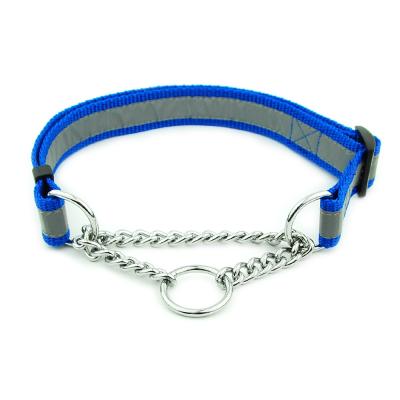 China Large Anti-dog Reflective Chain Bite Collar Iron Pet Dog Leash P Chain Running Dog Pet Adjustable Reflective Firm Collar for sale