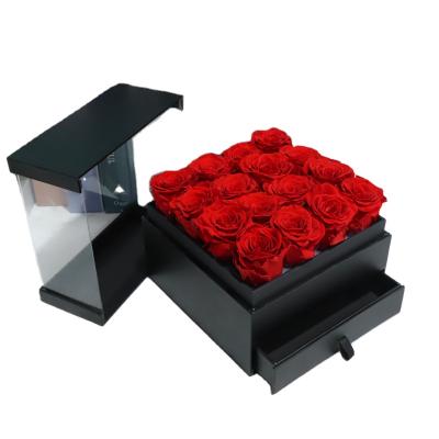 China Hotsale Wedding Gift Preserved Flower Arrangment Box 16 Acrylic Rose Heads Drawer For Valentine Wedding Gift And Decoration for sale