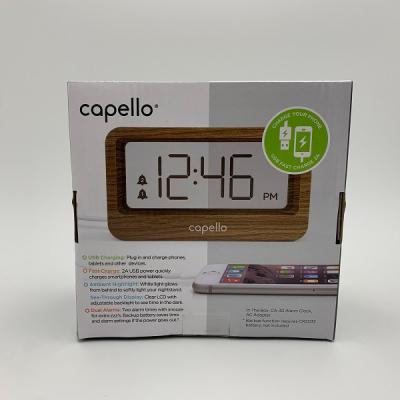 China Antique Wooden Frame Alarm Clock Square Style LCD Mirror White Alarm Clock with USB Charger for sale