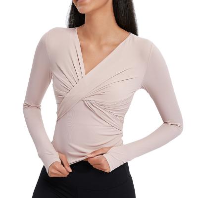 China Breathable V-Neck Autumn Yoga Wear Long Sleeves Design Elasticity Cross Pleated Finger Sleeve Yoga Working Out Slim Working Tops for sale