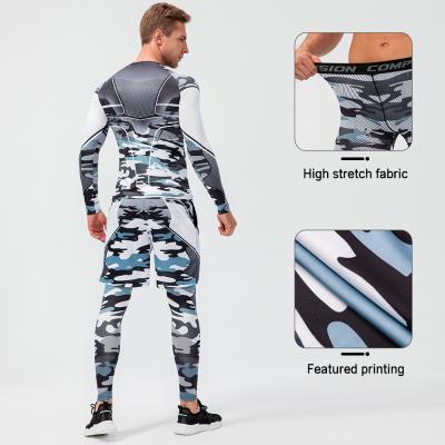 China Men's Autumn And Winter Fitness Suit Breathable Camouflage Printing High Elastic Tights Training Quick Dry Pants Running Three Piece Set for sale