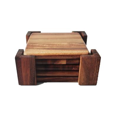 China MINGCAN Viable 4 Pieces Square Wooden Kitchen Coffee Beer Decor Coaster With Stand for sale