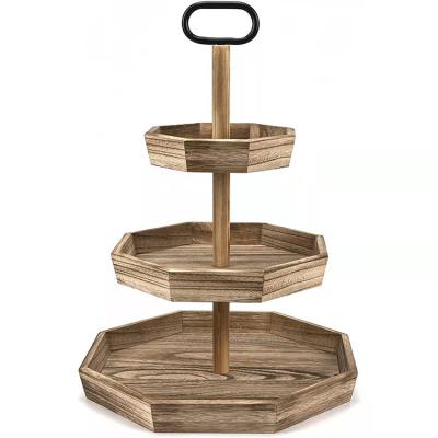 China Home.Restaurant.Bar.Hotel.Wedding. Natural Unique Wood Tray Restaurant Dessert Serving Ring 3 Tier Ahome Super Markets Promotion Show Tray For Craft With Iron Wooden Stande for sale