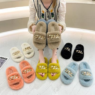 China 2021 Fashion Trend Woman Ladies Hairy Unisex Bedroom Slippers Warm Shoes Anti Slip Fur Slippers Indoor Chain Fluffy Winter Home Room Bedroom for sale