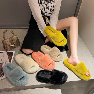 China Fashion Trend Lady Multi Color Indoor Wholesale Custom Home Slippers Hairy Fur Slides With Logo Women Winter Korean Blue Faux Fur Slippers for sale