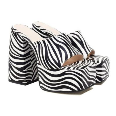 China 2022 Sexy Anti-slippery Zebra Chunky Block Double Platform High Heels Slippers Womens Designer Heels Peep Toe Quality Heeled Sandals for sale