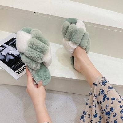 China 2021 Winter Women Winter Women Slippers Faux Fur Soft Indoor Slippers Plush Indoor Color Cross Cushioning Open-Toed Fluffy Slippers for sale