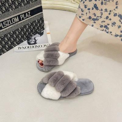 China Cushioning 2021winter fashion cross band ladies slides warm bedroom shoes house flurry women faux fur indoor comfortable custom slippers for sale