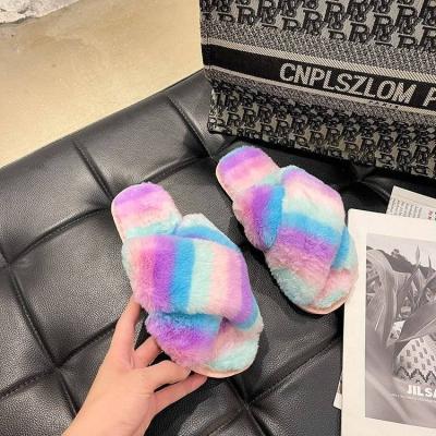 China Cushioning Fuzzy Fluffy Flat Open Toe Flip Flop Ladies Plush Slide Sandals Women Slipper Floor Home Shoes Fashion Fur Slippers for sale