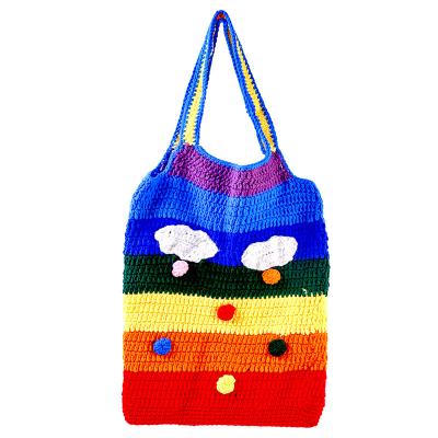 China Portable Creative Hand Crochet Women's Rainbow One Shoulder Woolen Messenger Bag for sale