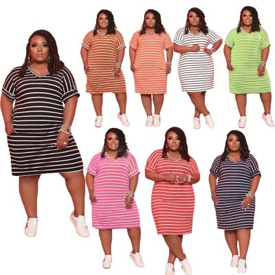 China Anti-Static Plus Size Casual Dresses L-5xl Women Clothing Summer Striped Lady Daily Home Dresses Long Sleeve Dress for sale