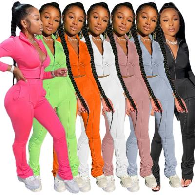 China 2021 Boutique Lady Breathable 2 Pcs Long Sleeve Tops Pants Pleated Casual Women Bodycon Autumn Two Piece Set Zipper Sweatsuit for sale