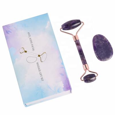 China Whitening Wholesale Natural Stone Roller Amethyst Gua Sha Set 2 in 1 Roller Facial Vibration Jade Roller for sale