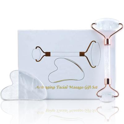 China Portable Clear Gua Sha Jade Roller Gua Sha Set Crystal Natural Jade Roller And Quartz Gua Sha for sale