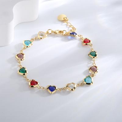 China KMLB1151 Hiphop Fashion Jewelry Brass Gold Plated Heart Charms Chain Bracelets Copper Crystal Bracelets & Bangles Colorful for sale