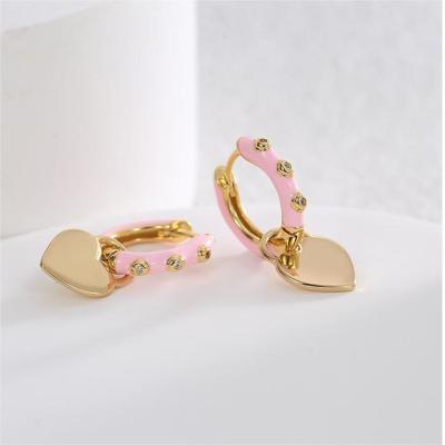 China FASHIONABLE New Arrival KMLB1024 Brass 18K Gold Plated Pink Heart Charms Circle Earrings Enamel CZ Zircon Circle Earrings Copper Jewelry for sale