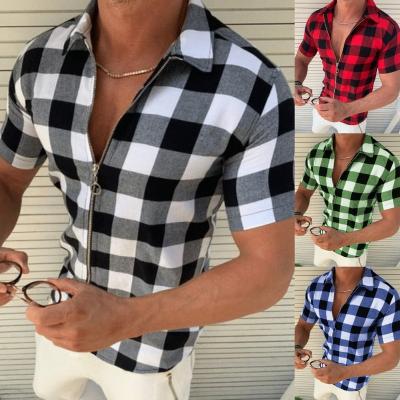 China Hot Selling Anti-wrinkle Lapel Plaid Printed Shirts Tops Mens Fashion Slim Zippered Cardigan Short Sleeve T-Shirt for sale