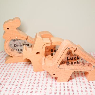 China Wooden Crafts Transparent Belly Piggy Bank and Phone Holder Wooden Decoration OEM Wooden Crafts for sale