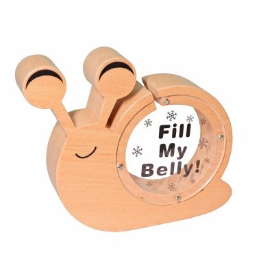 China Transparent Belly Snail Wooden Money Saving Box Custom Print Playful Wooden Piggy Bank For Kids Gift for sale