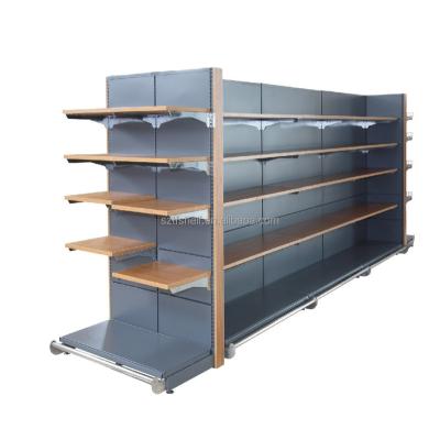 China Wholesale Double Sided Multicolor Retail Steel Wooden Shelf Bracket Wooden Gondola For Supermarket Shelves for sale