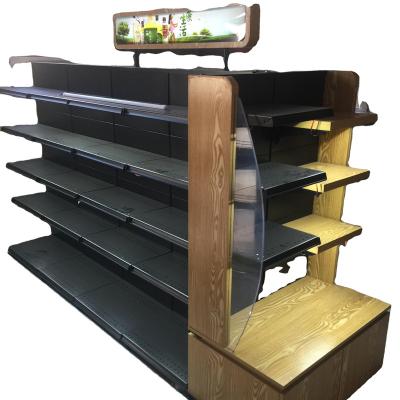 China Double-sided high quality steel wood shelf bracket gondola retail supermarket wooden shelves for sale