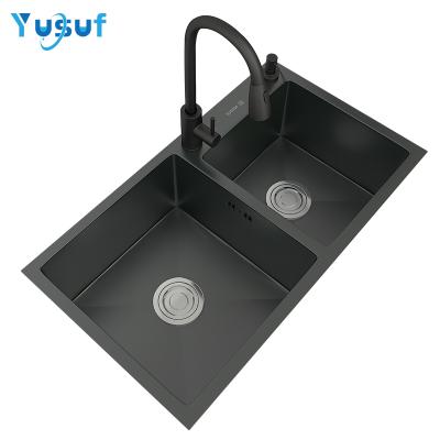 China With SUS304 Faucet SUS304 Kitchen Sink Handmade Nano Twin Bowl Matte Black Plating Luxury Kitchen Sink Manufacturer for sale