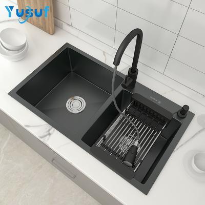 China With Tap Stainless Steel Kitchen Sink Handcrafted Black Double Bowl With Concave Tap Panel Nano 200mm Kitchen Sinks Prices for sale