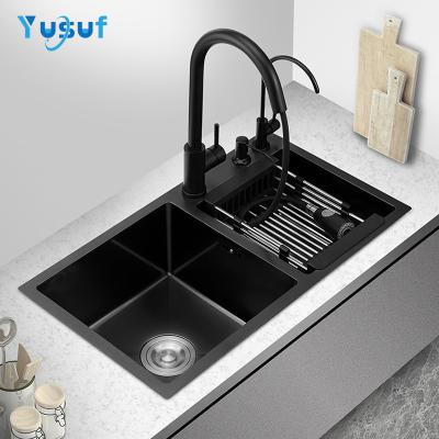 China With Kitchen Handmade Nano Double Bowl Faucet Factory Price Black Stainless Steel Sink for sale