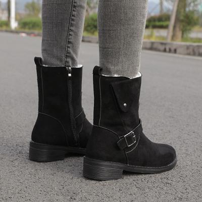 China New Winter Mid Flat Round Toe Tube Deep Soled Warm Snow Boots Plush Side Zipper Belt Buckle Around Toe Women Boots for sale