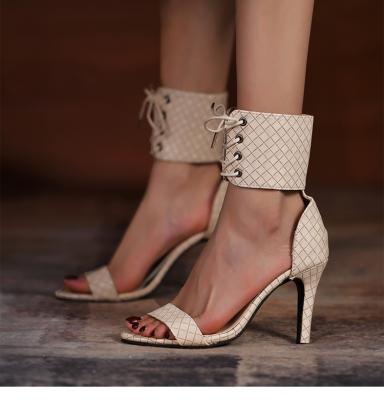 China Fashion Trend High Heel Women Pumps Retro Snake Plaid PU Strap Roman Sandals Wholesale Lady Bandage Silk Strap High Heel Sandals for sale