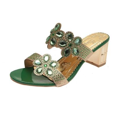 China Fashion Trend Flower Green Leather Women's Summer Open Slippers Lady PU Rhinestone Gold Toe Chunky Heel Slides Sandals for sale