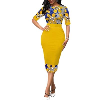 China 2022 Stain Anti-static Ladies Round Neck Package Professional Women's Slim Hip Print Pencil Skirt for sale