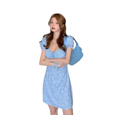 China Women Anti-static French Square Waist Skirt Campanula Collar Bellicle Short Skirt Floral Breath Sleeve Sexy Dress for sale