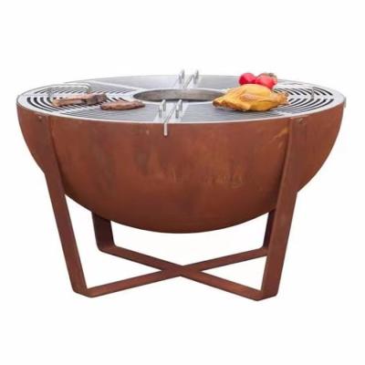 China Easily Assembled Premium Rusty Corten Outdoor Wood Oven Pit Patio and Large Cooking Fire Round Base BBQ Grill for sale