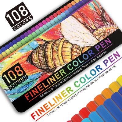 China 108 Colors 0.4mm Tips Fineliner Drawing Color Pens Fine Tips Markers Stationery Set With Tin Box Packaging Of Office And School Supplies for sale