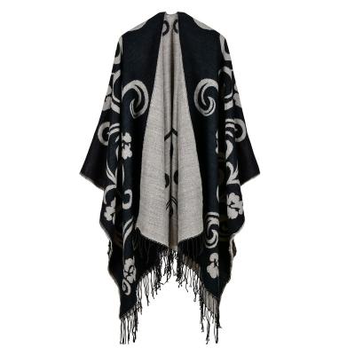 China Polyester Women's Fashion Style Vintage Pattern Tassel Poncho Shawl Cape for sale