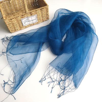 China Korea Fashion Scarf 70*180cm Silk Scarf 100% Silk Scarf Blue INS Silk Long With Tassel for sale