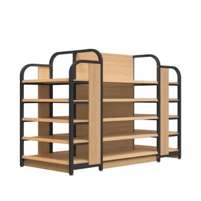 China OEM Factories Supermarket Grocery Storage Merchandise Store Gondola Rack Display Stand Double Sided Premium Wood for sale