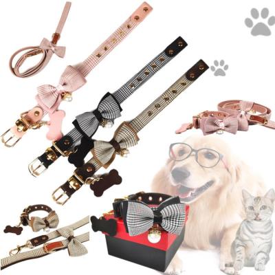 China New Design Color Classic British Plaid DETACHED Design Cute Bow Mister Pet Collar Leash Dog Outing Set for sale