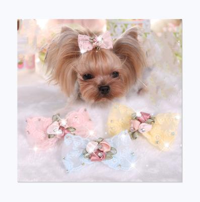 China Viable Wholesale Decoration Cute Pet Accessories Bows Lace Up Princess Gems Designer Dog Hair Accessories for sale