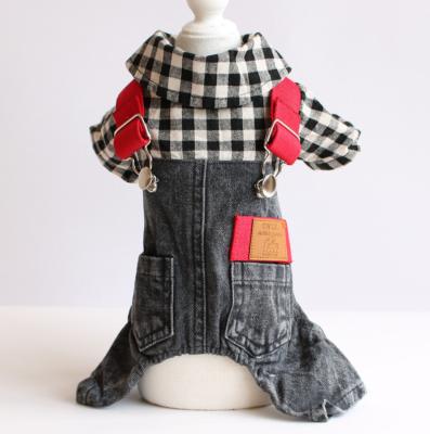 China New Design Viable Pet Clothes Cute Plaid Striped Denim Design Square Bib Dog Overalls Dress Wholesale for sale