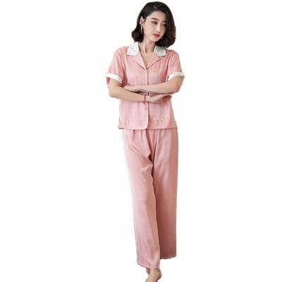 China Breathable Women Two Piece Silk Pajamas Set Custom Women Pajamas Short Sleeve Satin Pajamas for sale